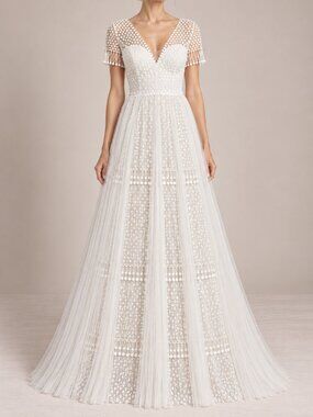 Marchesa Notte Wedding Dress Sequin Lace Tulle Pleated A Line Gown NWT $1,400